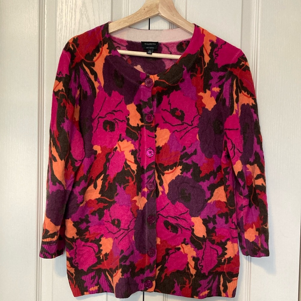 EUC Talbots Cashmere Sweater Floral Button cardigan 3/4 sleeves. Vintage…